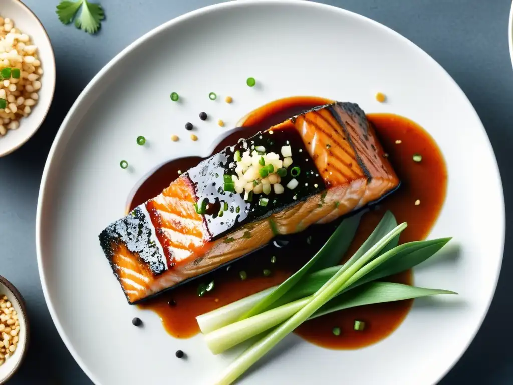 Un chef experto vierte con maestría una vibrante salsa asiática sobre un exquisito salmón