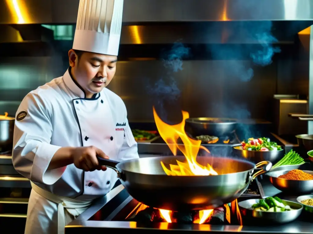 Un chef experto maneja hábilmente un wok sobre una llama ardiente, creando un festín visual de Técnicas de cocina asiática internacional en acción