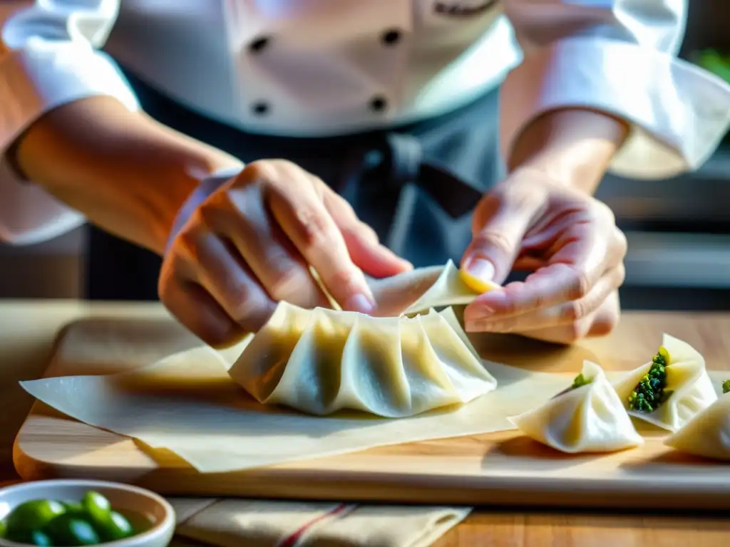 Un chef experto dobla con precisión wrappers de dumplings al tiempo que la luz resalta la textura