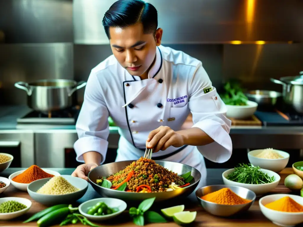 Un chef tailandés prepara una exquisita y compleja receta rodeado de especias, hierbas frescas y ingredientes exóticos