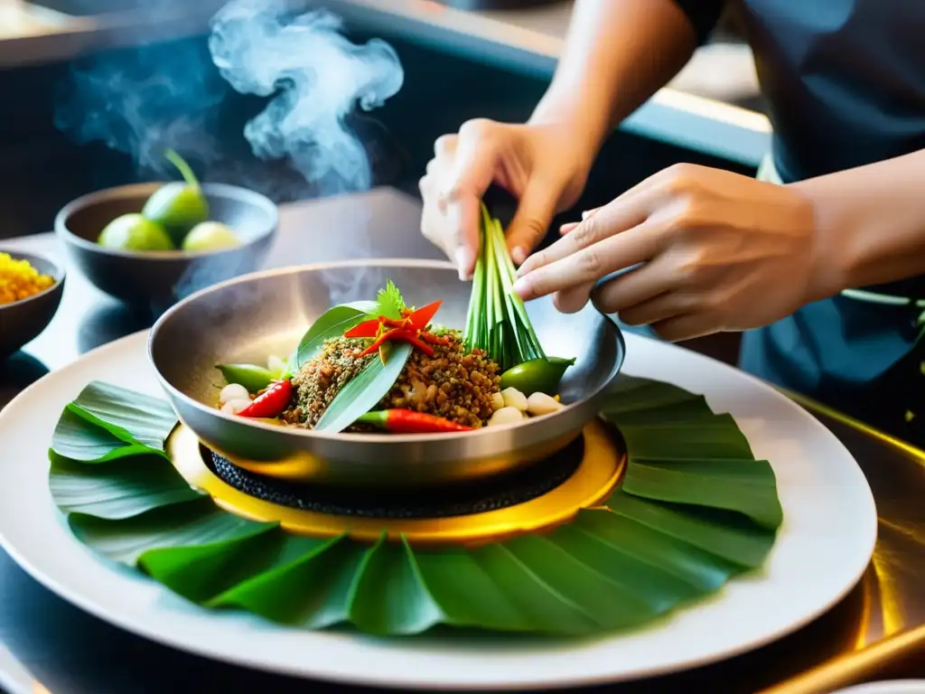 Un chef tailandés prepara con maestría un exquisito platillo en un restaurante de alta cocina