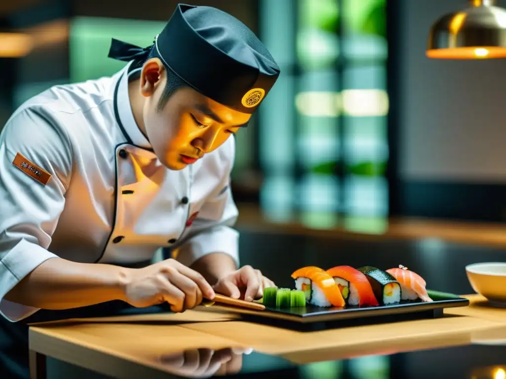 Un chef meticulosamente prepara exquisito sushi, reflejando la sofisticación y atención al detalle de la gastronomía gourmet asiática