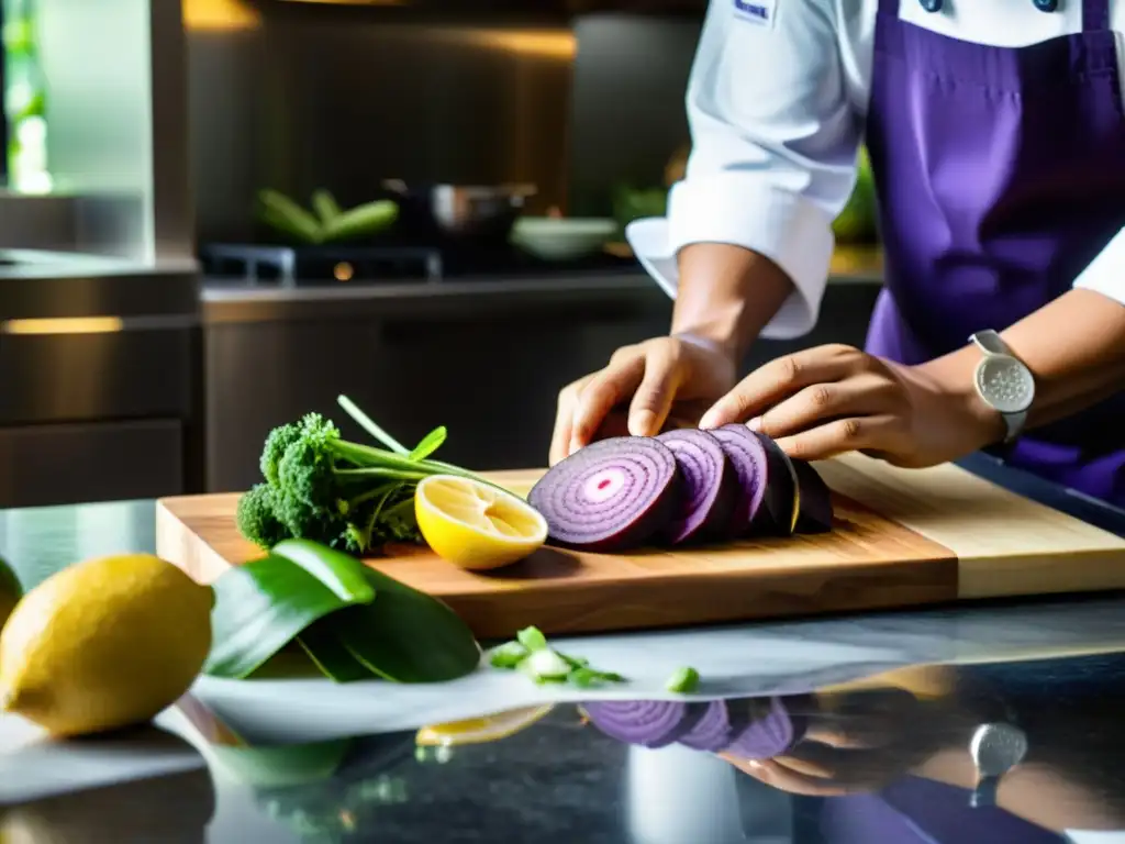 Un chef filipino prepara con maestría una receta tradicional con ingredientes locales exóticos, en una moderna cocina de alto nivel