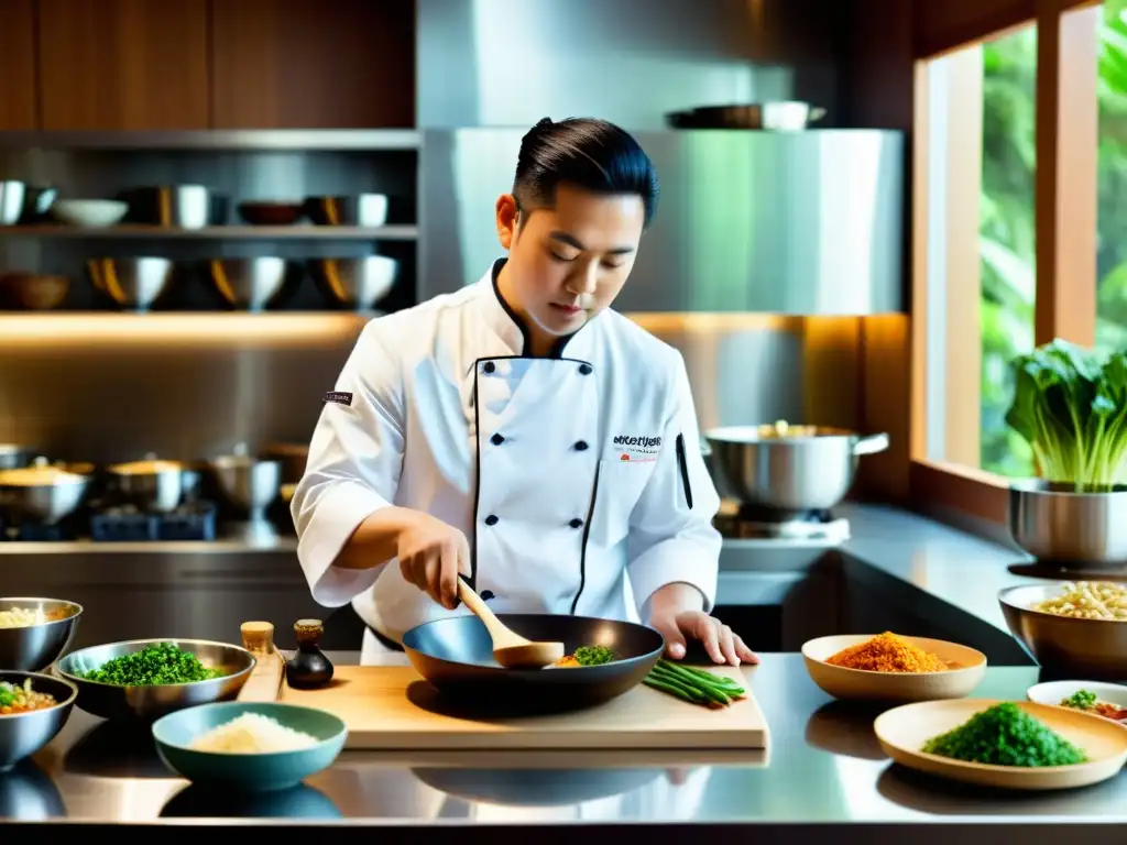 Un chef habilidoso prepara una fusión innovadora en una cocina asiática moderna, fusionando tradición y modernidad