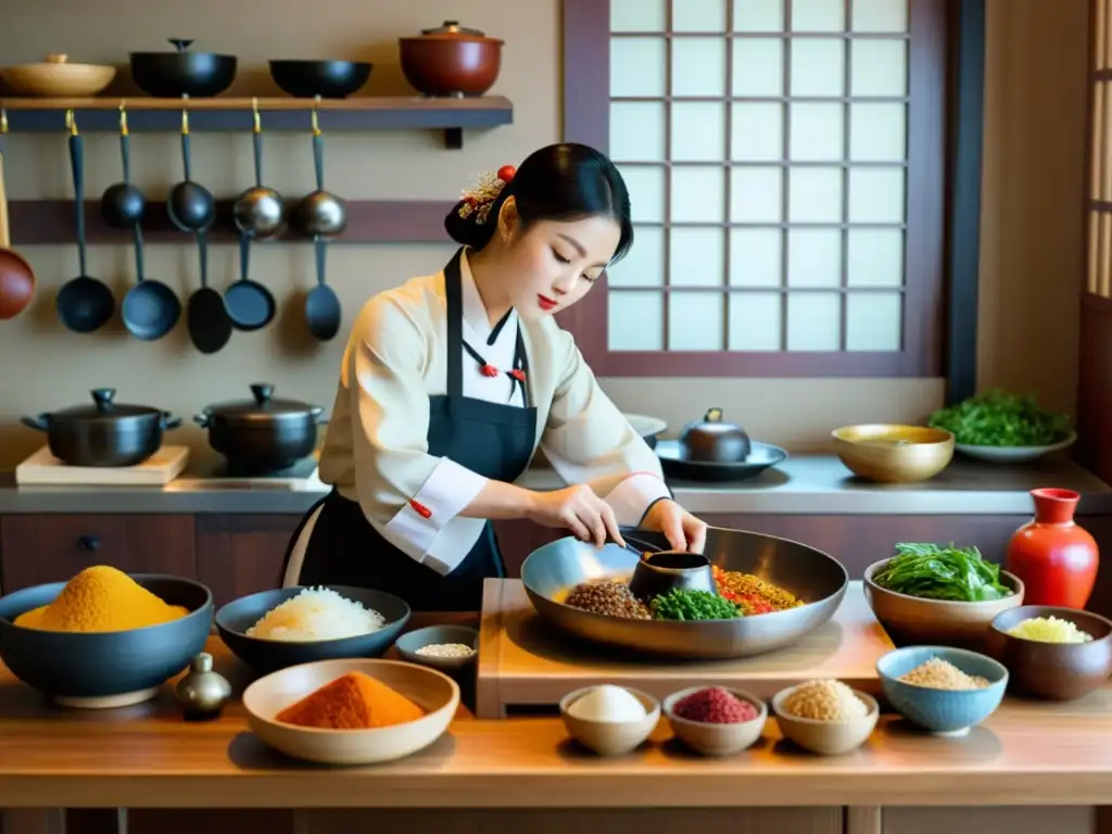 Un chef con hanbok preparando plato coreano gourmet