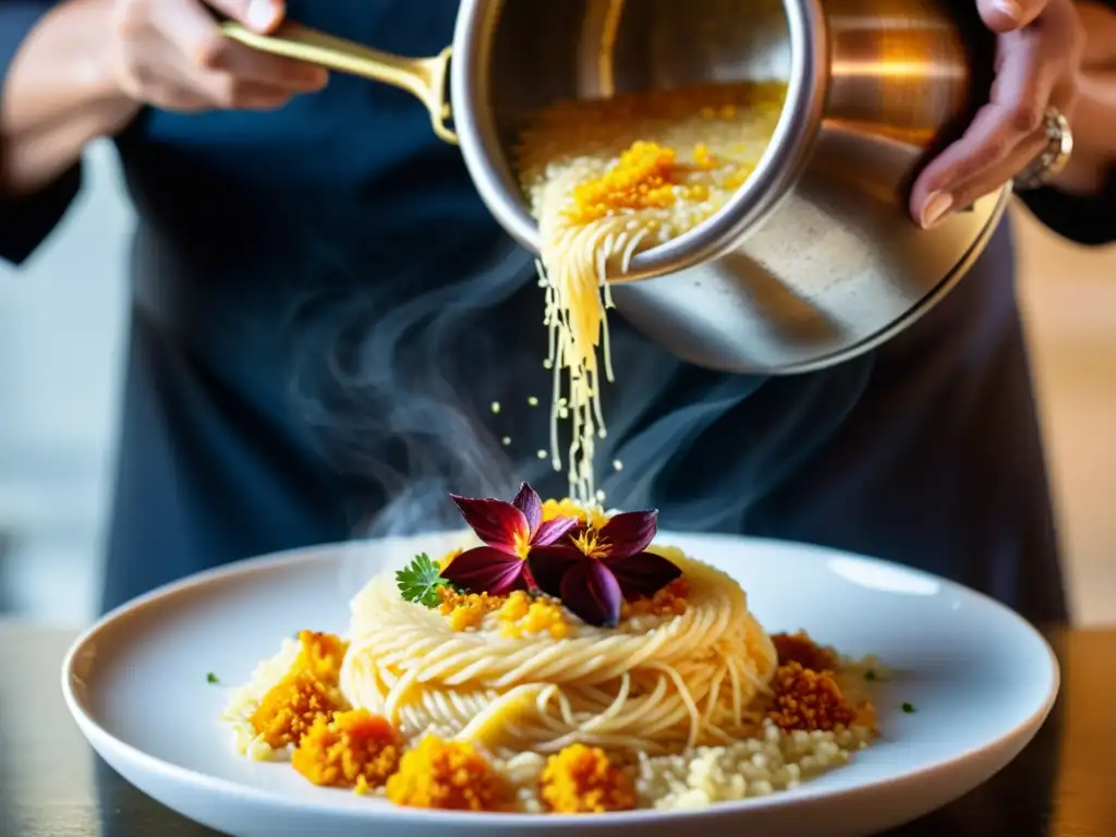 Un chef esparciendo delicadamente hebras de azafrán en un risotto cremoso