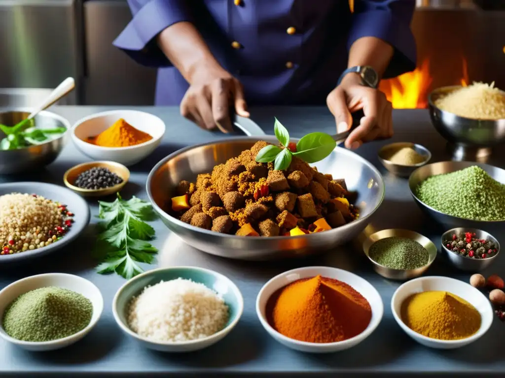 Un chef indio prepara una compleja receta en una cocina profesional, rodeado de especias