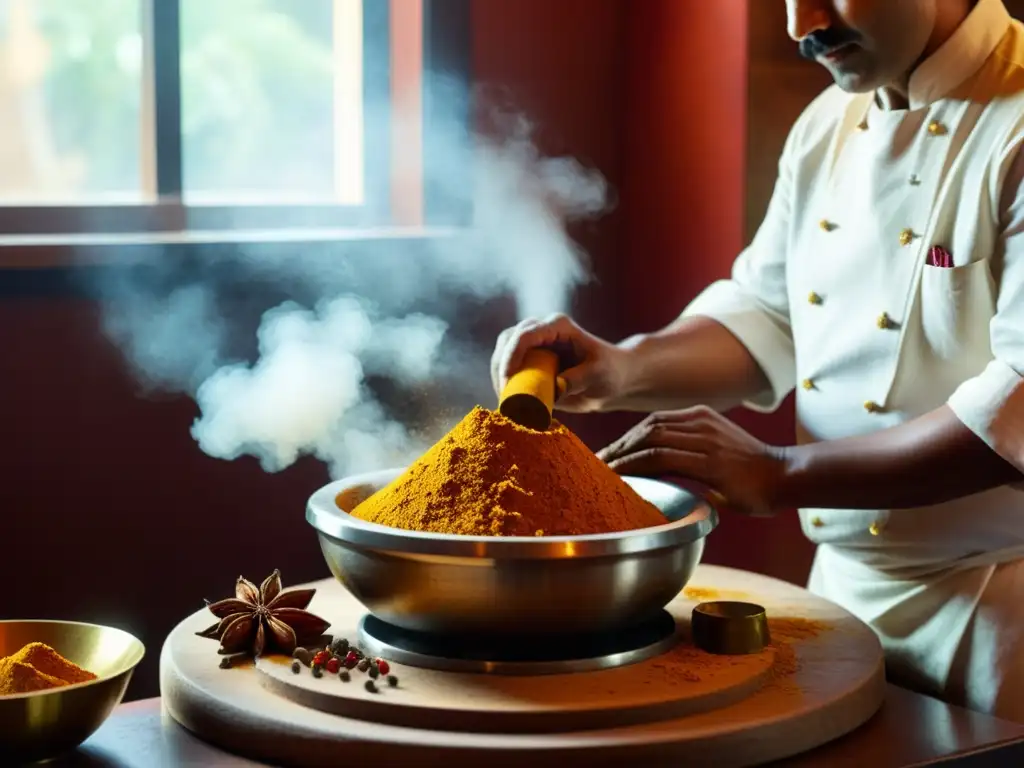 Un chef indio experto muele especias con técnicas avanzadas de cocina india, creando una nube de fragante polvo de cúrcuma, pimentón y comino