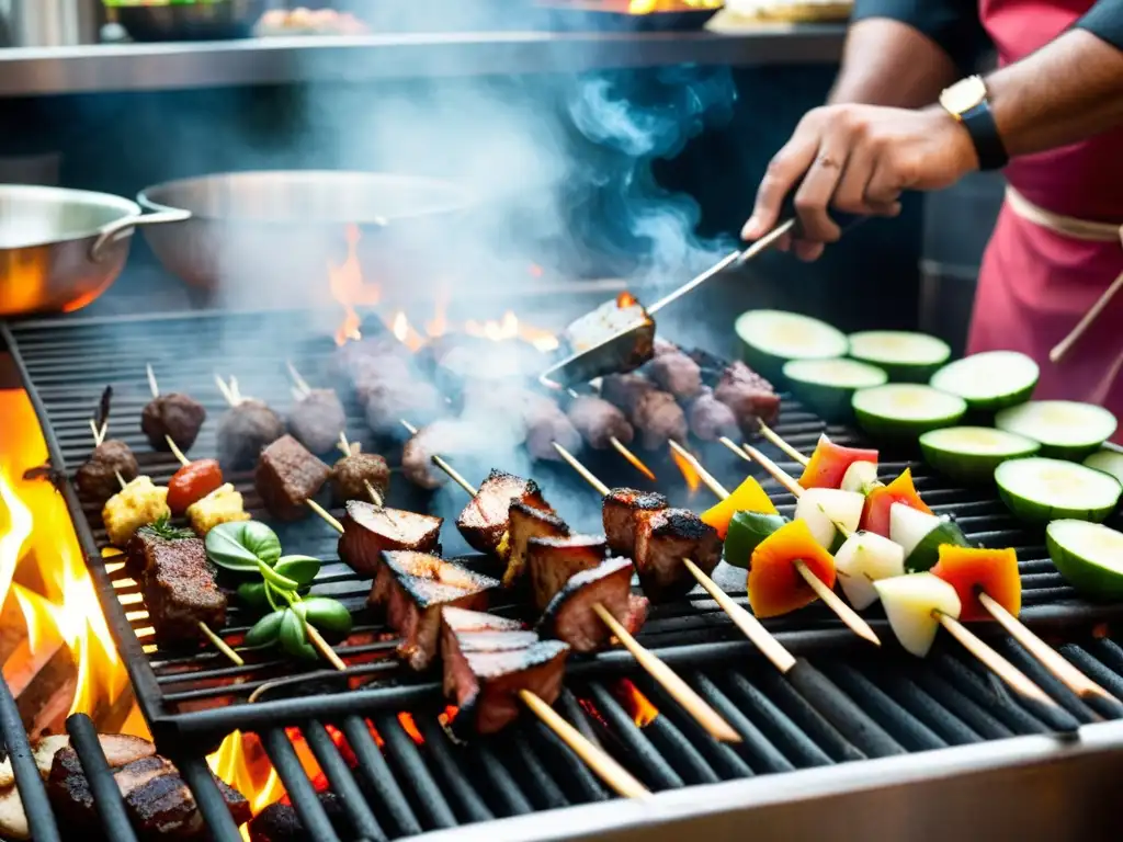 Un chef indio experto cocina kebabs con técnicas avanzadas en una cocina bulliciosa, envuelto en humo aromático y vibrantes colores de especias