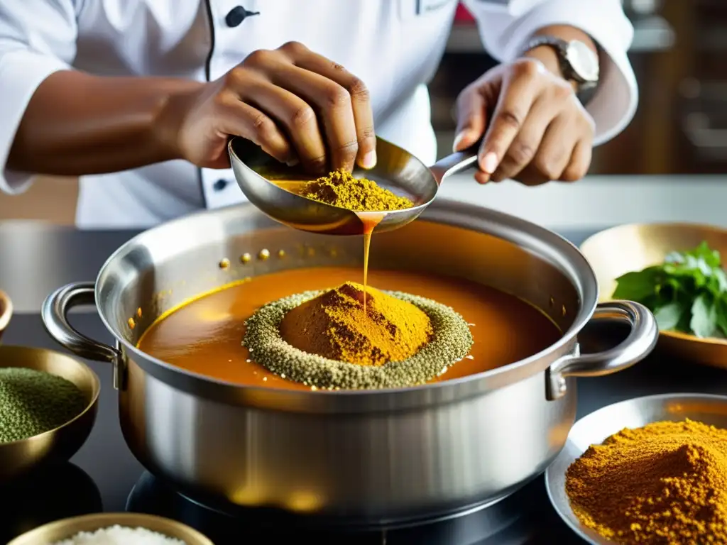 Un chef vierte una infusión dorada de especias en un curry burbujeante, destacando las técnicas avanzadas de cocina India