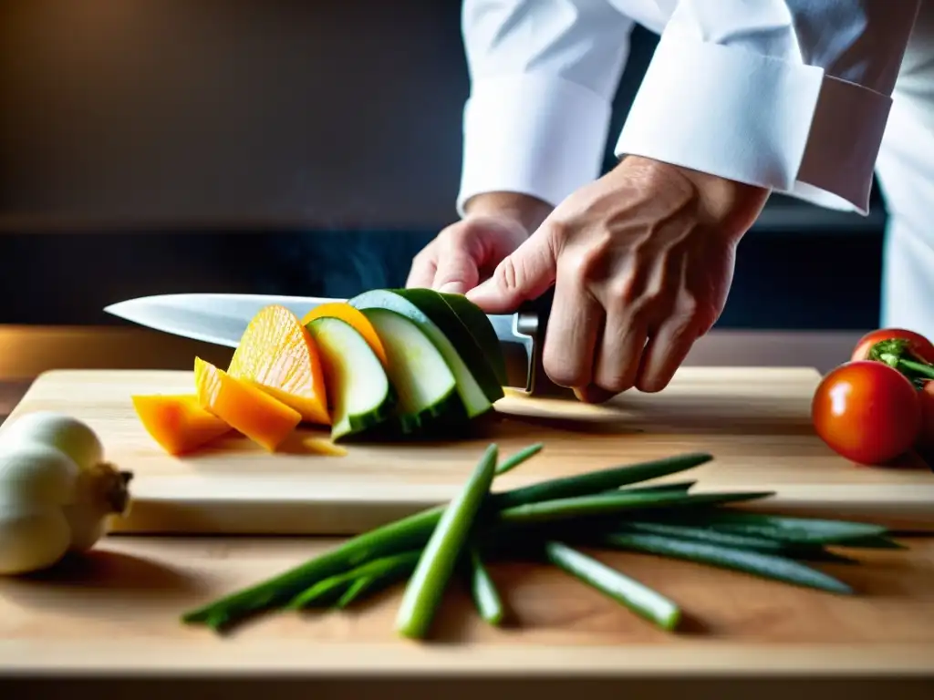 Chef David Thompson corta con precisión ingredientes frescos y vibrantes, reflejando la filosofía culinaria asiática