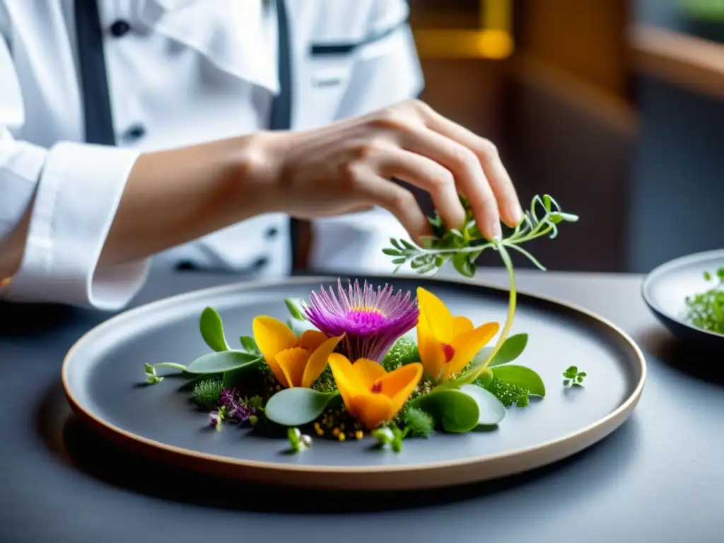 Un chef coloca con precisión ingredientes inusuales en un plato, creando una presentación visualmente impactante