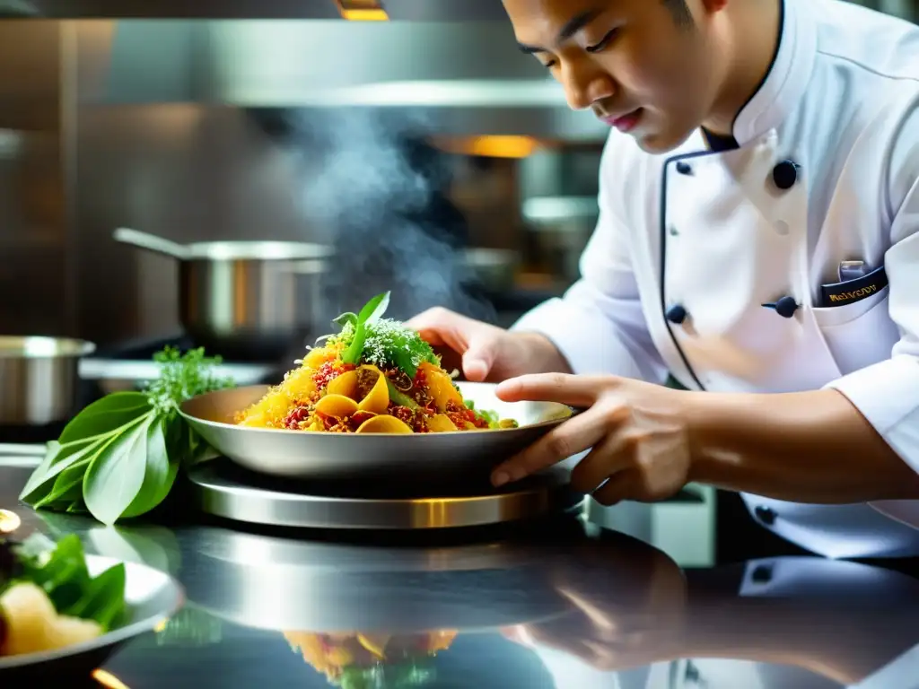 Chef preparando ingredientes secretos en restaurante estrella Michelin en Asia