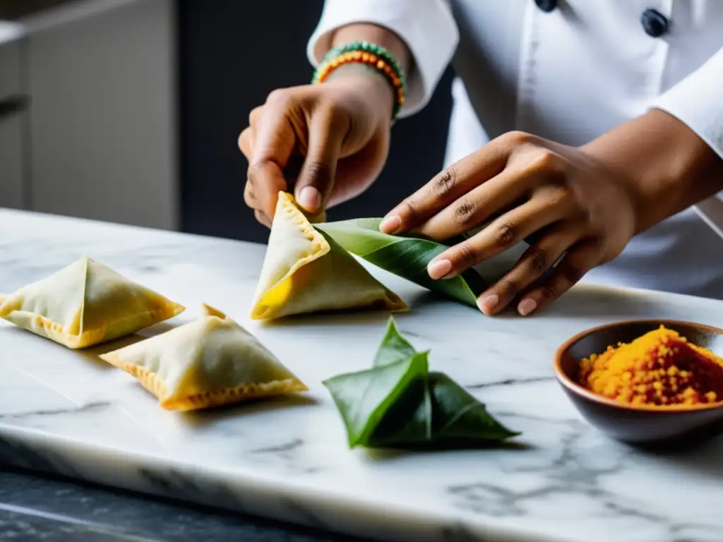 Un chef jainista enrola samosas con delicadeza, mostrando la esencia espiritual de la gastronomía en el Jainismo