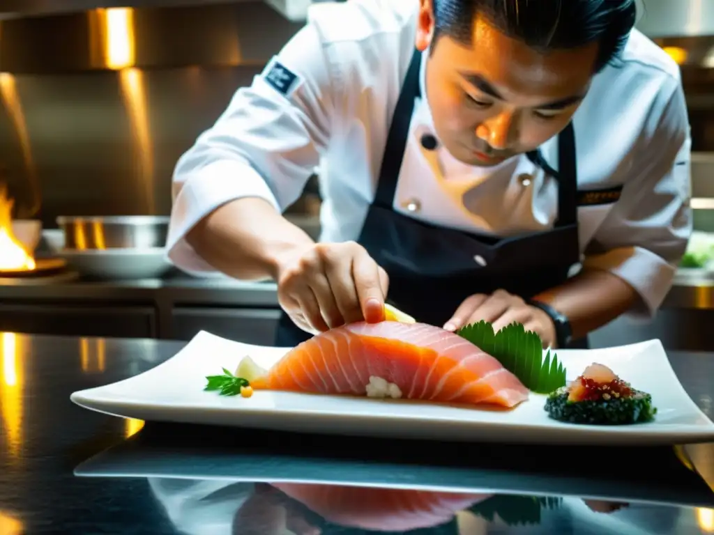 Un chef japonés corta hábilmente un delicado sashimi, reflejando la luz ambiental