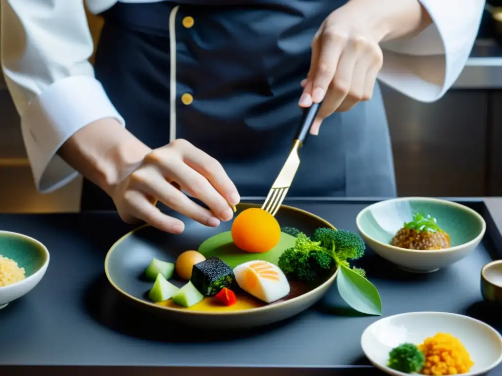 Chef japonés preparando una exquisita comida kaiseki en un entorno sereno