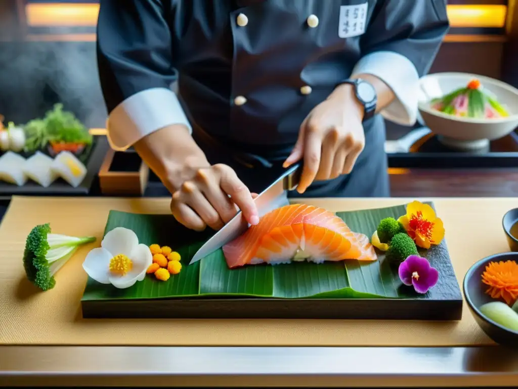 Un chef japonés prepara con precisión un exquisito menú kaiseki en un restaurante de tatami