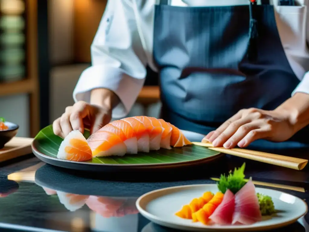 Un chef japonés coloca con precisión el sashimi en un plato, en una cocina serena