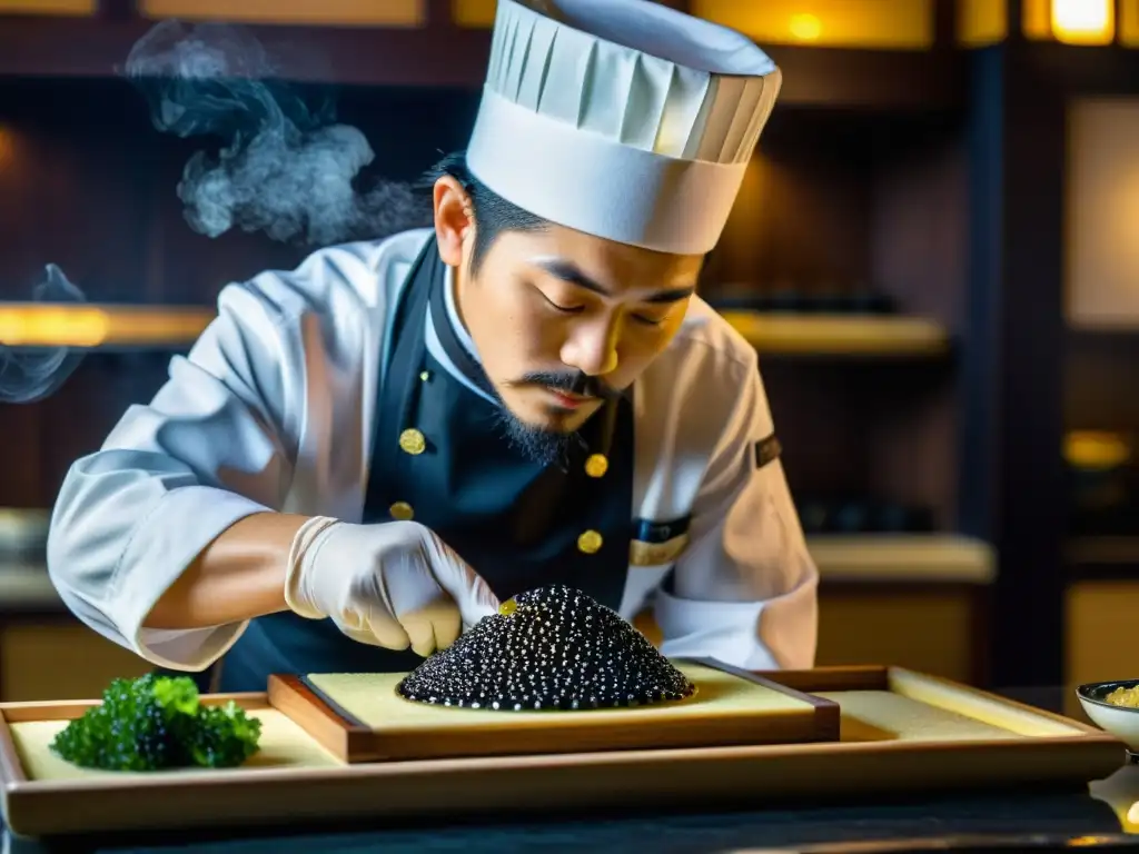 Un chef japonés tradicional prepara caviar con precisión y arte, destacando la exclusividad de la preparación de caviar oriental asiático