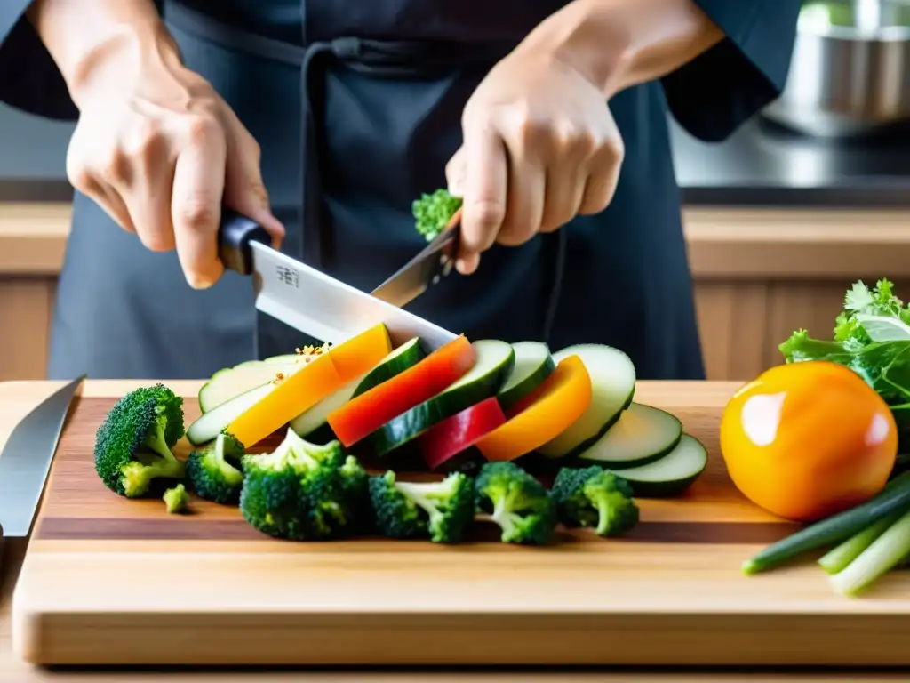 Un chef japonés corta hábilmente verduras frescas en un curso exclusivo cocina vegetariana asiática