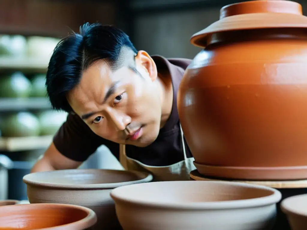 El chef Kim Byungjin cuidadosamente fermenta kimchi coreano en ollas de barro, revelando técnicas de cocina asiática