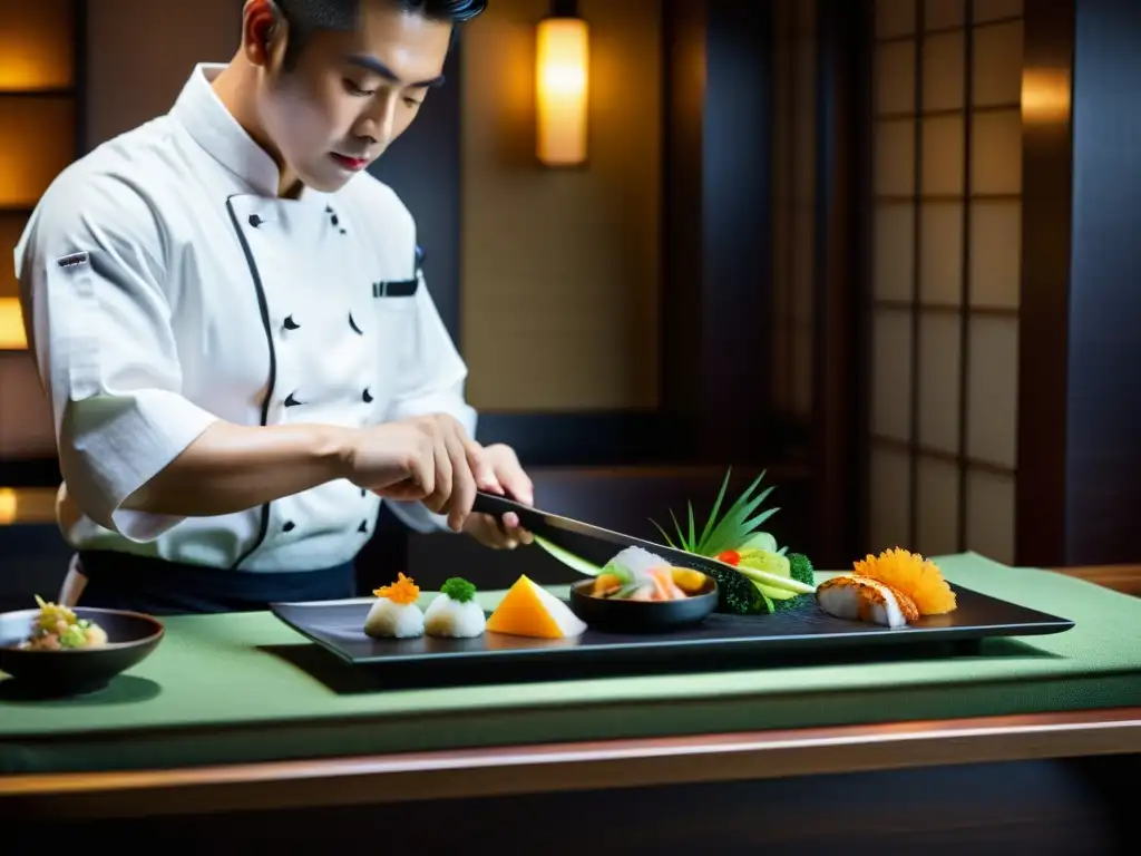 Un chef prepara con maestría un lujoso kaiseki japonés en un restaurante sereno, capturando la esencia de los Restaurantes con Estrellas Michelin Asia