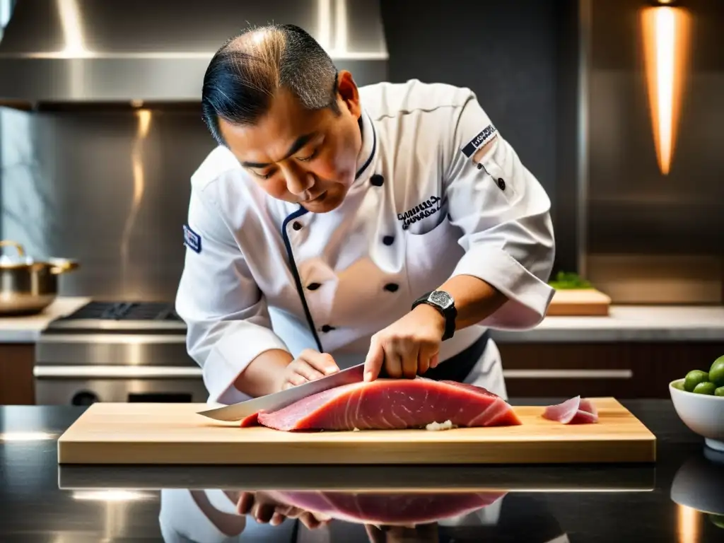 Chef Nobu Matsuhisa, maestro en su cocina, corta con precisión un fresco atún