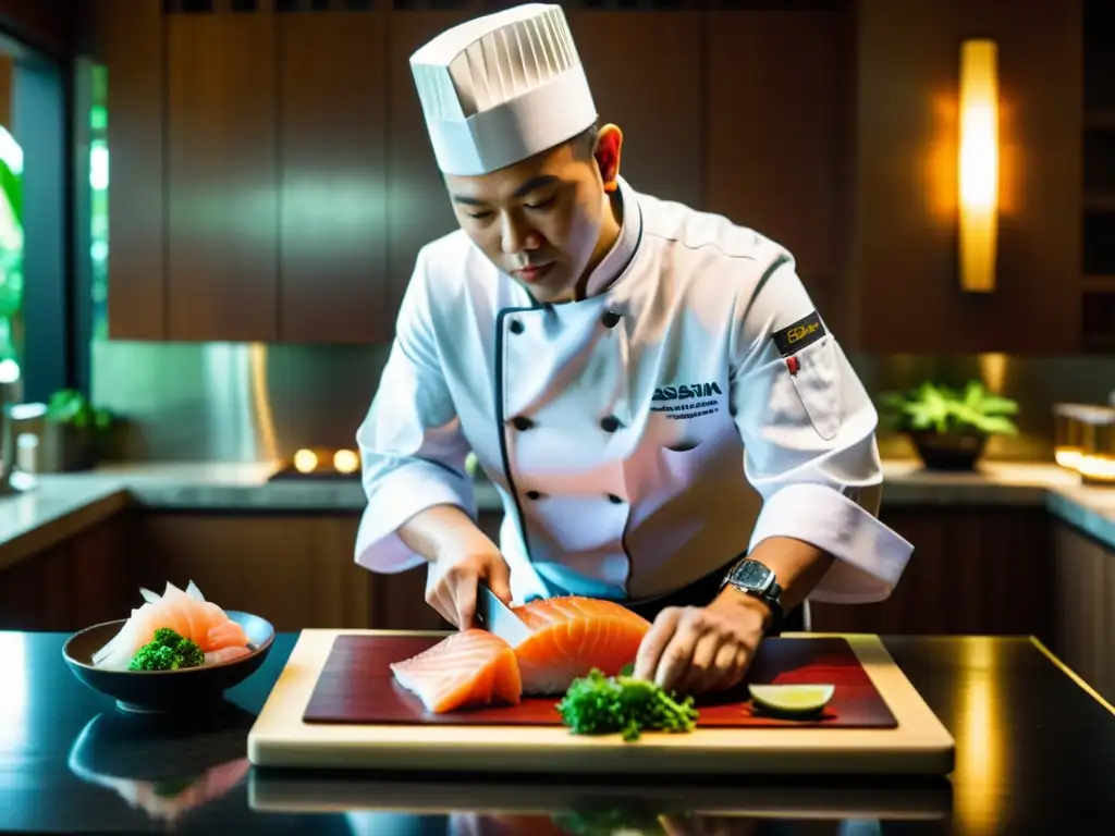 Chef maestro corta sashimi en hotel de lujo, reflejando la excelencia de las delicias culinarias en Asia