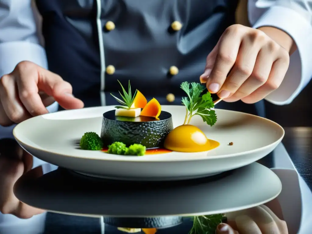 Un chef maestro prepara una exquisita alta cocina asiática en un restaurante con estrellas Michelin, mostrando precisión y sofisticación