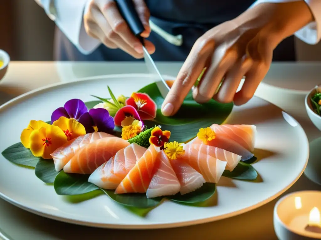 Un chef maestro en el restaurante con Estrellas Michelin asiático Ryugin, Tokio, arregla meticulosamente rebanadas de sashimi sobre un plato blanco, adornando cada pieza con flores comestibles y decoraciones, en un ambiente cálido y acogedor