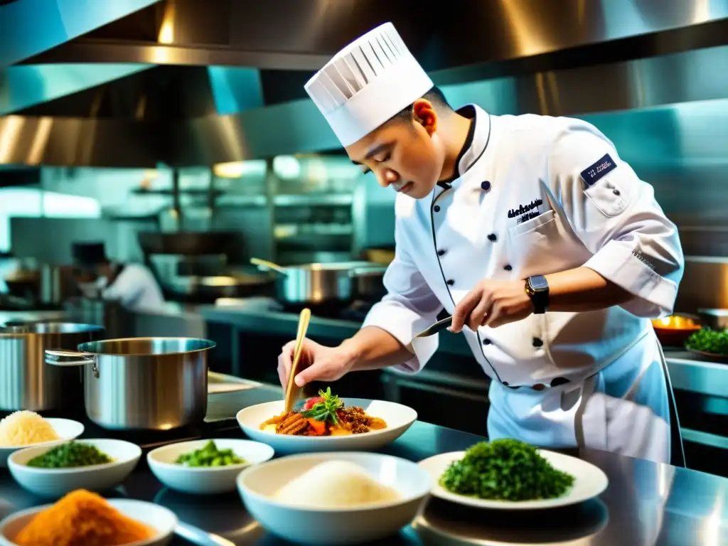 Un chef maestro en un restaurante Michelin de Asia, fusionando ingredientes tradicionales con técnicas culinarias modernas