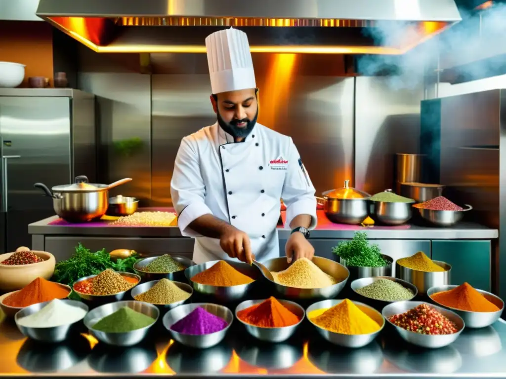 Un chef indio hábil marina ingredientes con técnicas avanzadas cocina India, rodeado de especias y hierbas coloridas