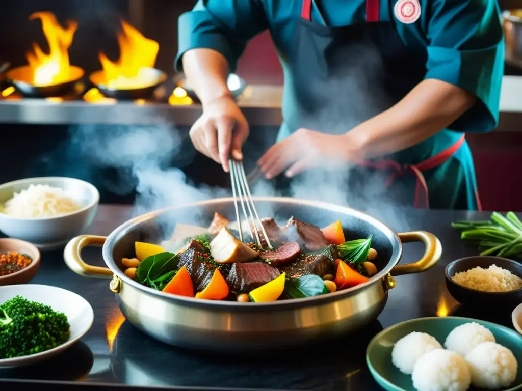 Un chef mongol sazona con cuidado un delicioso guiso de carne, verduras y especias en una lujosa cocina mongola