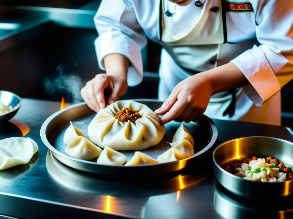 Un chef mongol experto prepara buuz en cocina mongola de lujo, fusionando tradición y tecnología culinaria