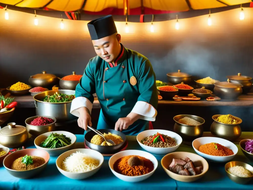 Un chef mongol prepara con maestría un lujoso banquete en un entorno nómada