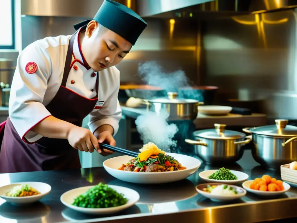 Un chef mongol prepara con precisión un lujoso plato tradicional en una cocina moderna, fusionando la tradición con la modernidad