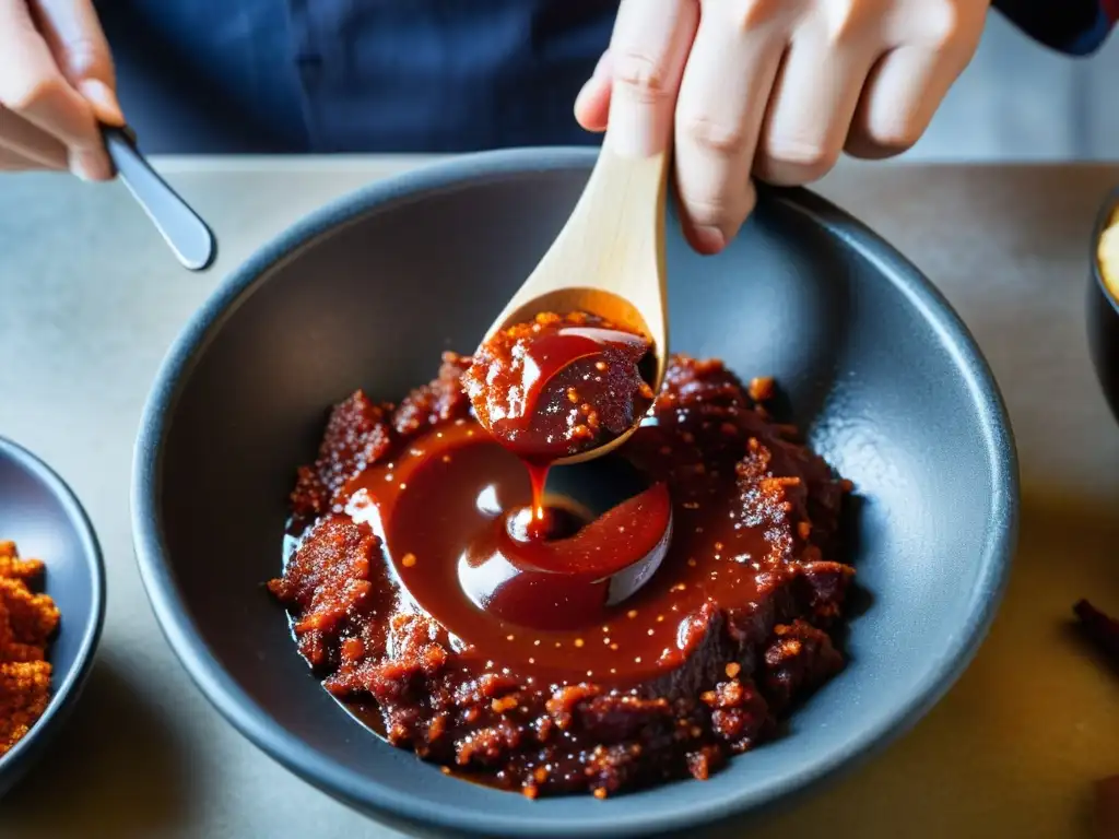 Un chef mezclando gochujang en un mortero de piedra, creando una salsa asiática