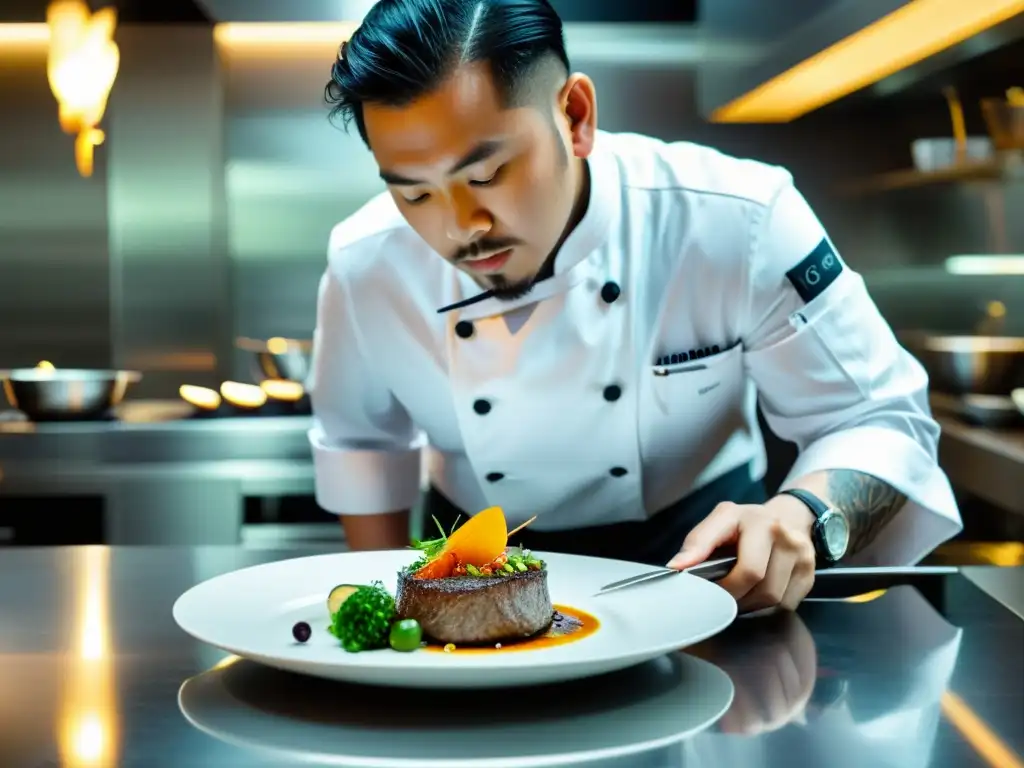 Un chef crea una obra de arte culinaria en un elegante restaurante de Asia