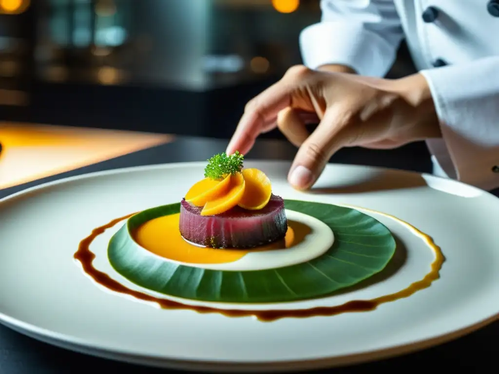 Chef Narisawa planteando una obra de arte culinaria en su restaurante de Tokio, destacando la precisión y la armonía