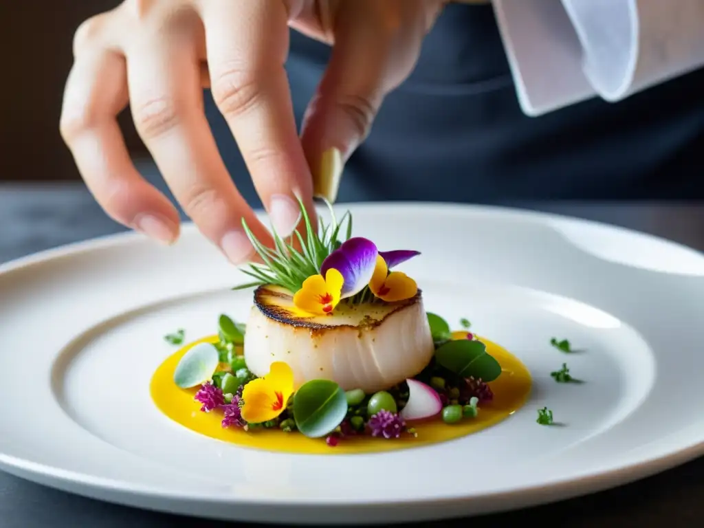 Un chef crea una obra de arte culinaria con microgreens y flores comestibles, en un restaurante con Estrella Michelin en Asia