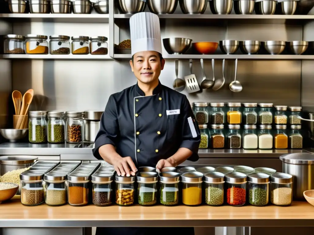 Chef occidental incorporando especias asiáticas en platos occidentales en cocina profesional con luz cálida y visualmente cautivadora