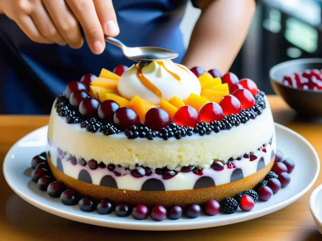 Un chef prepara meticulosamente un patbingsu coreano en un animado café, destacando la autenticidad y la historia del patbingsu