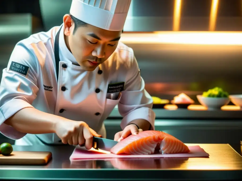 Un chef corta meticulosamente pescado fresco de grado sashimi con un cuchillo afilado, la carne rosa delicada brilla bajo la suave luz de la cocina