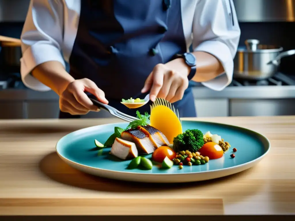 Delicado plato asiático: tradición y modernidad Un chef hábil prepara un plato asiático moderno con impacto en la tradición, resaltando ingredientes vibrantes y técnicas tradicionales