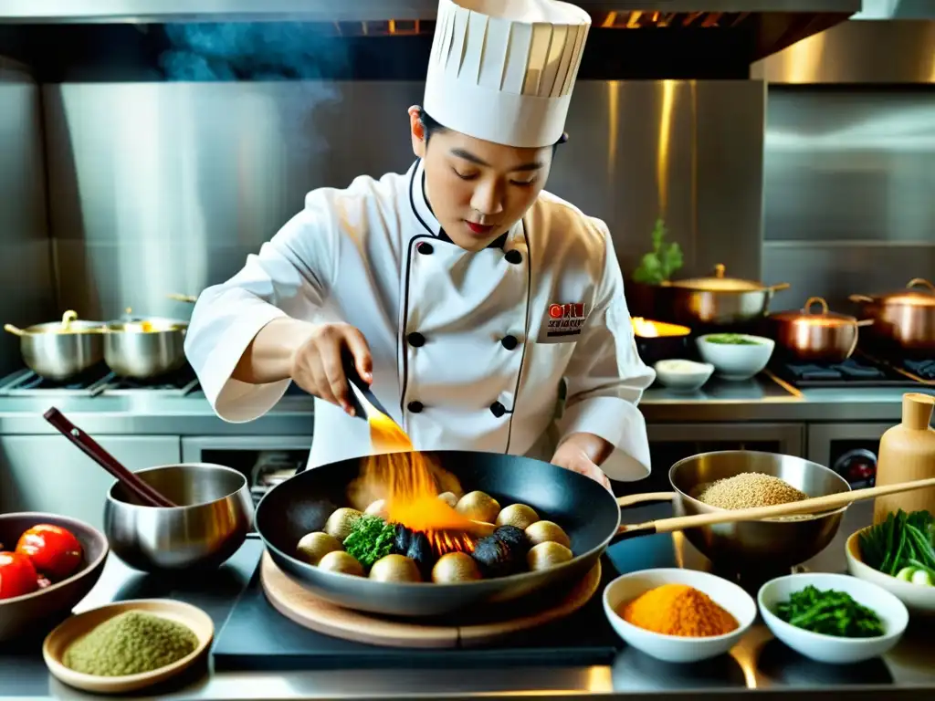 Un chef prepara plato con ginseng en cocina coreana moderna, evocando tradición e innovación