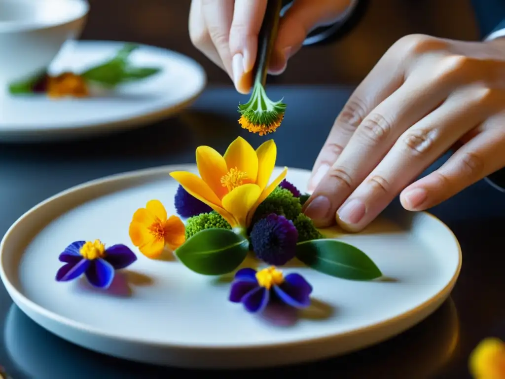 Chef decorando un plato con ingredientes inusuales en restaurantes asiáticos, en un ambiente elegante y minimalista