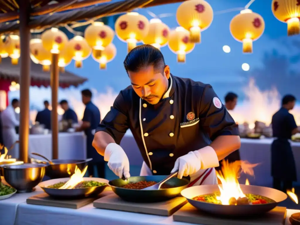 Un chef preparando un plato tradicional en el Festival de la Luna, mostrando detalles, colores y ambiente festivo