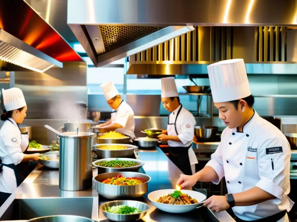 Chef preparando platos de cocina fusión asiática en un bullicioso restaurante, con ingredientes frescos y energía dinámica