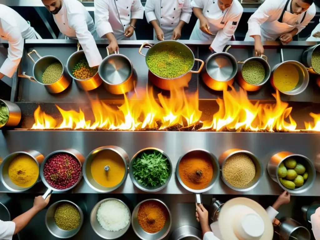 Chef preparando platos en la cocina de un restaurante indio con estrellas Michelin, con especias y hierbas vibrantes en los mostradores