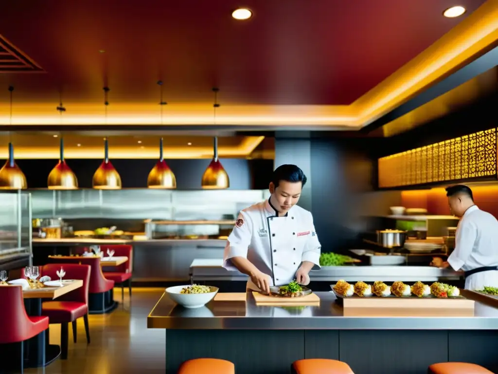 Chef preparando platos fusion culinaria Asia en restaurante moderno con ambiente elegante y decoración contemporánea